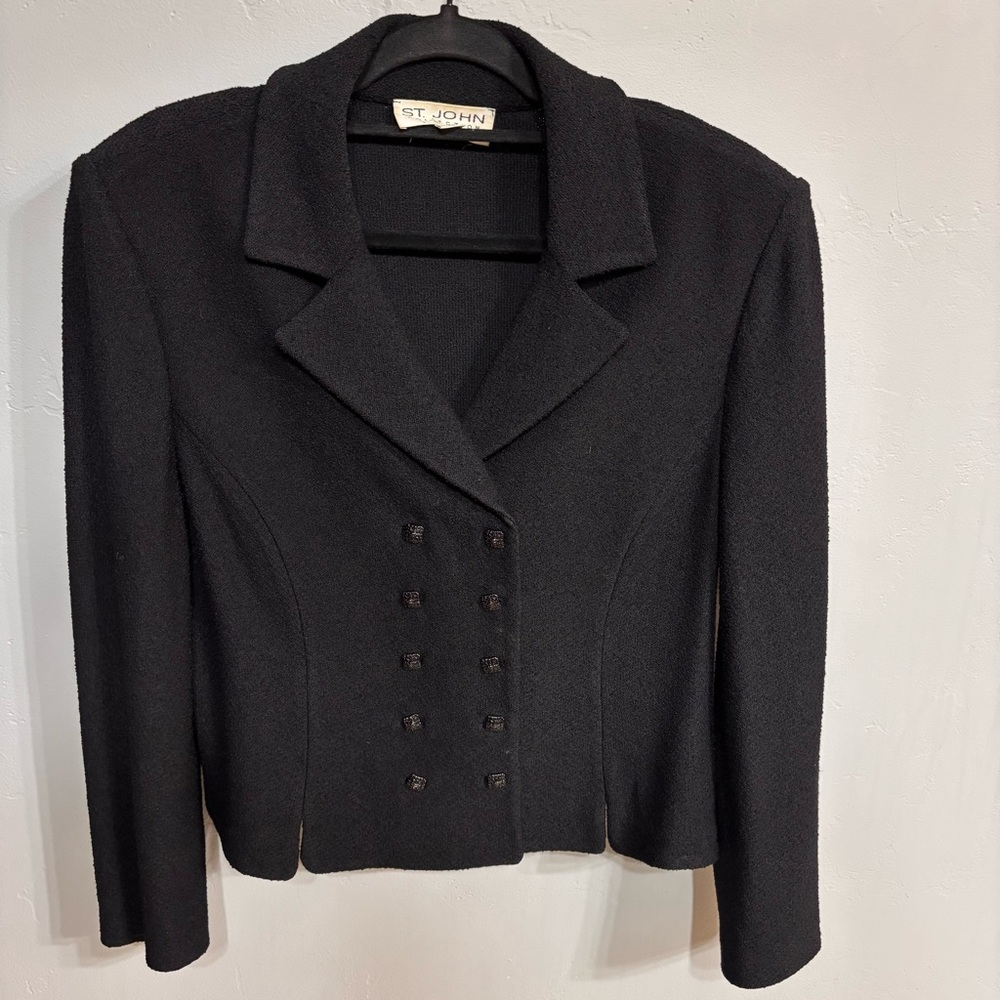 St. John Collection Black Women's Knit Boucle Double Breasted Blazer Sz 12 EUC